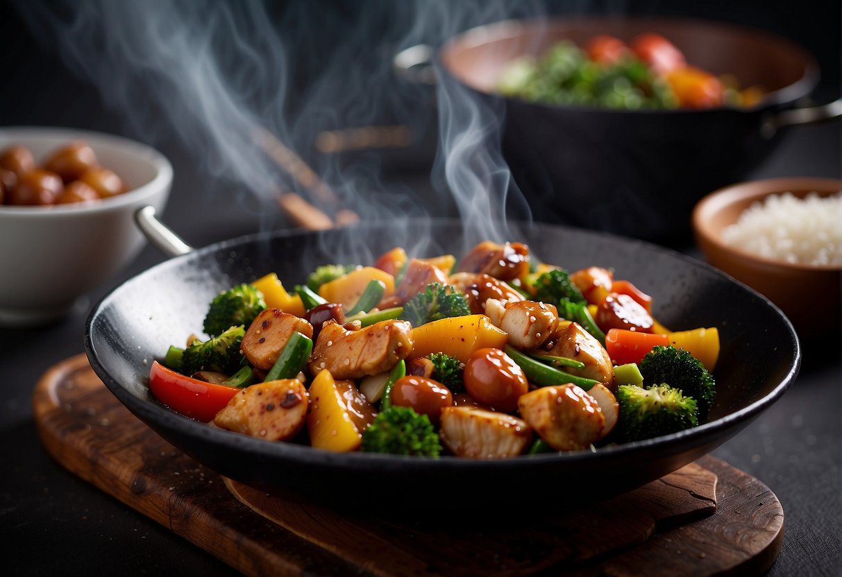A sizzling wok stir-fries marinated chicken, chestnuts, and colorful vegetables in a fragrant, savory sauce