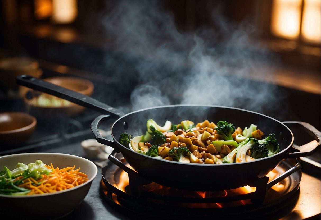 A wok sizzles with stir-fried Chinese veggies. Ginger, garlic, and soy sauce add depth. Crunchy water chestnuts and tender bok choy provide contrast