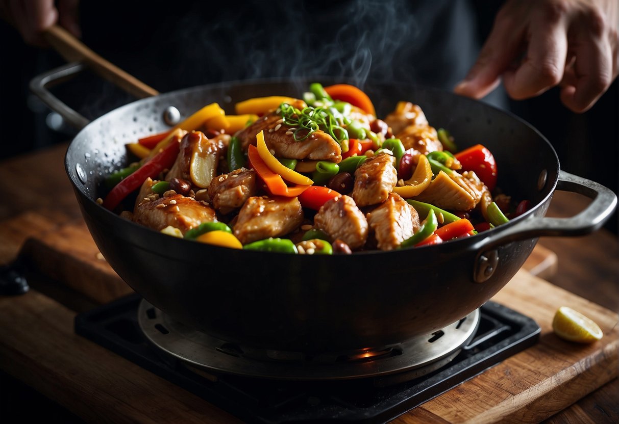 A chef marinates chicken in soy sauce, ginger, and garlic. They stir-fry with chestnuts, bell peppers, and scallions in a wok