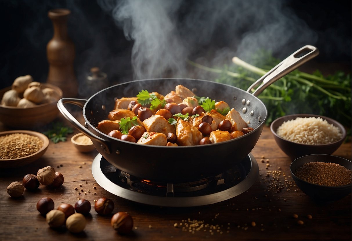 Chicken and chestnuts sizzle in a hot wok, surrounded by aromatic spices and herbs. Steam rises as the ingredients cook together, creating a mouthwatering Chinese dish