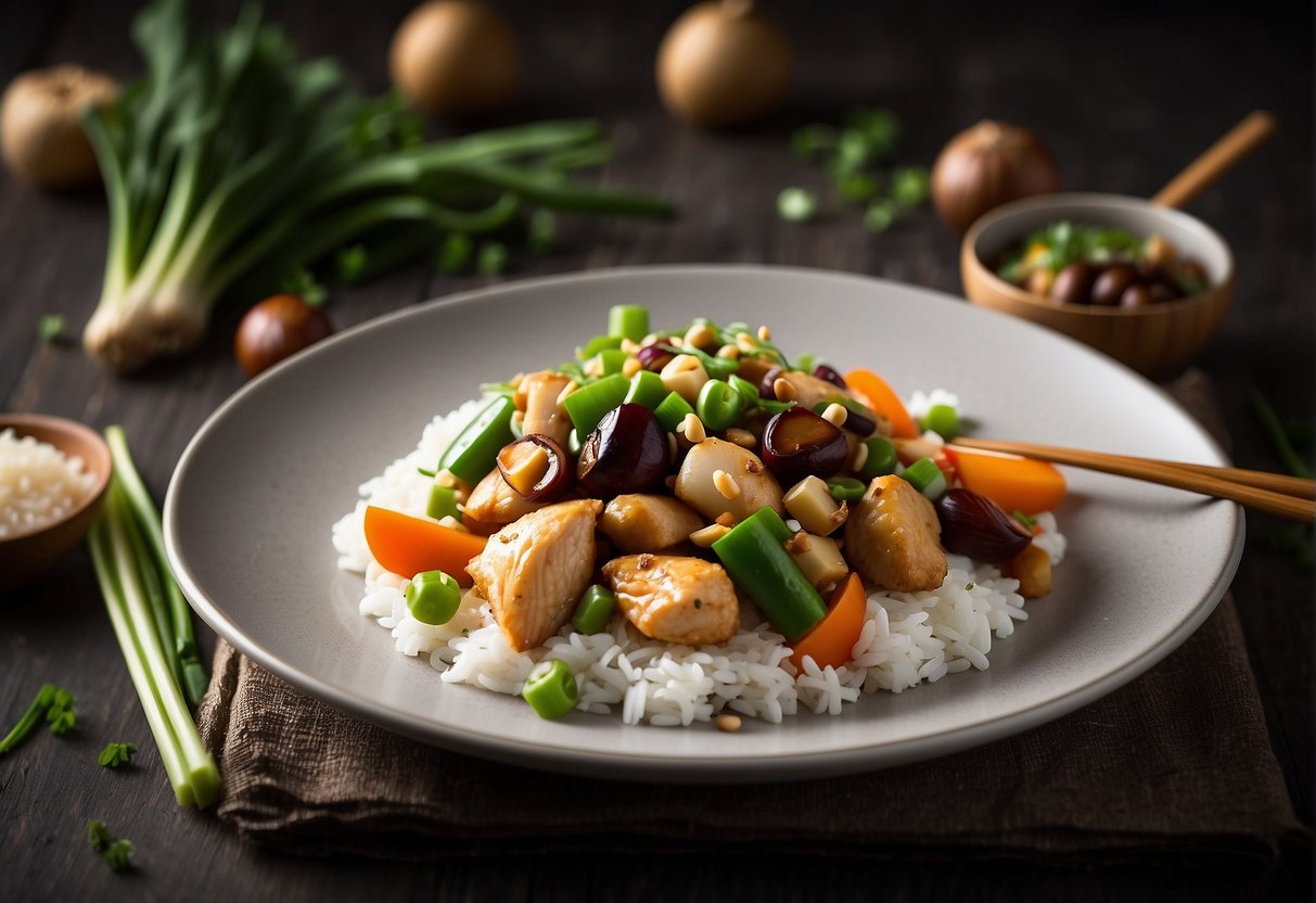 A plate of chicken stir-fry with chestnuts and vegetables, garnished with green onions and sesame seeds, served on a white ceramic dish