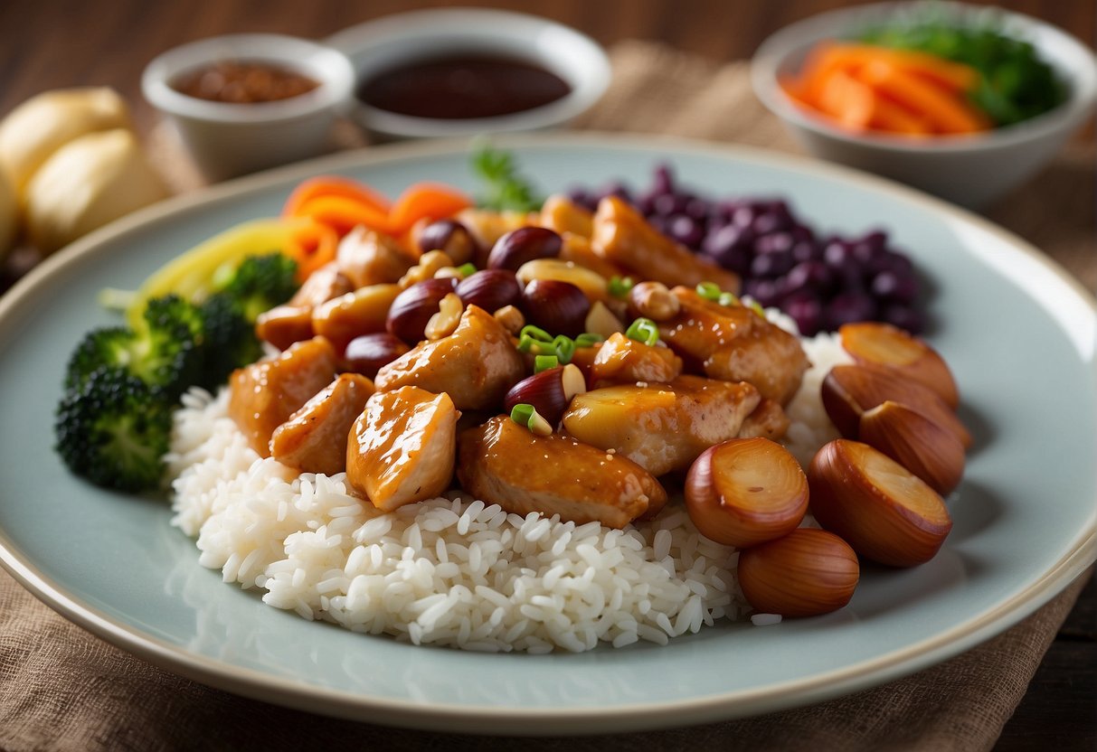 A plate of Chinese chicken with chestnuts, surrounded by colorful vegetables and a side of rice. The nutritional information is displayed prominently next to the dish
