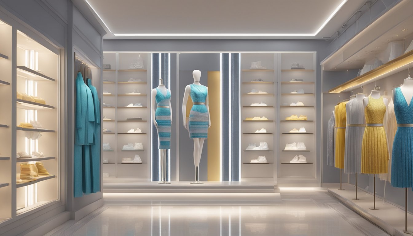 A mannequin stands in a sleek, modern showroom, adorned in a form-fitting bandage dress from a popular brand. Bright lights highlight the intricate details and luxurious fabric of the garment