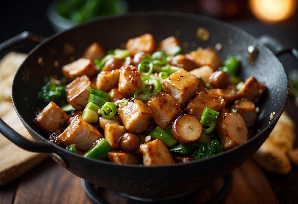 A sizzling wok stir-fries tender chunks of chicken with chestnuts, ginger, and scallions, creating a mouthwatering Chinese dish