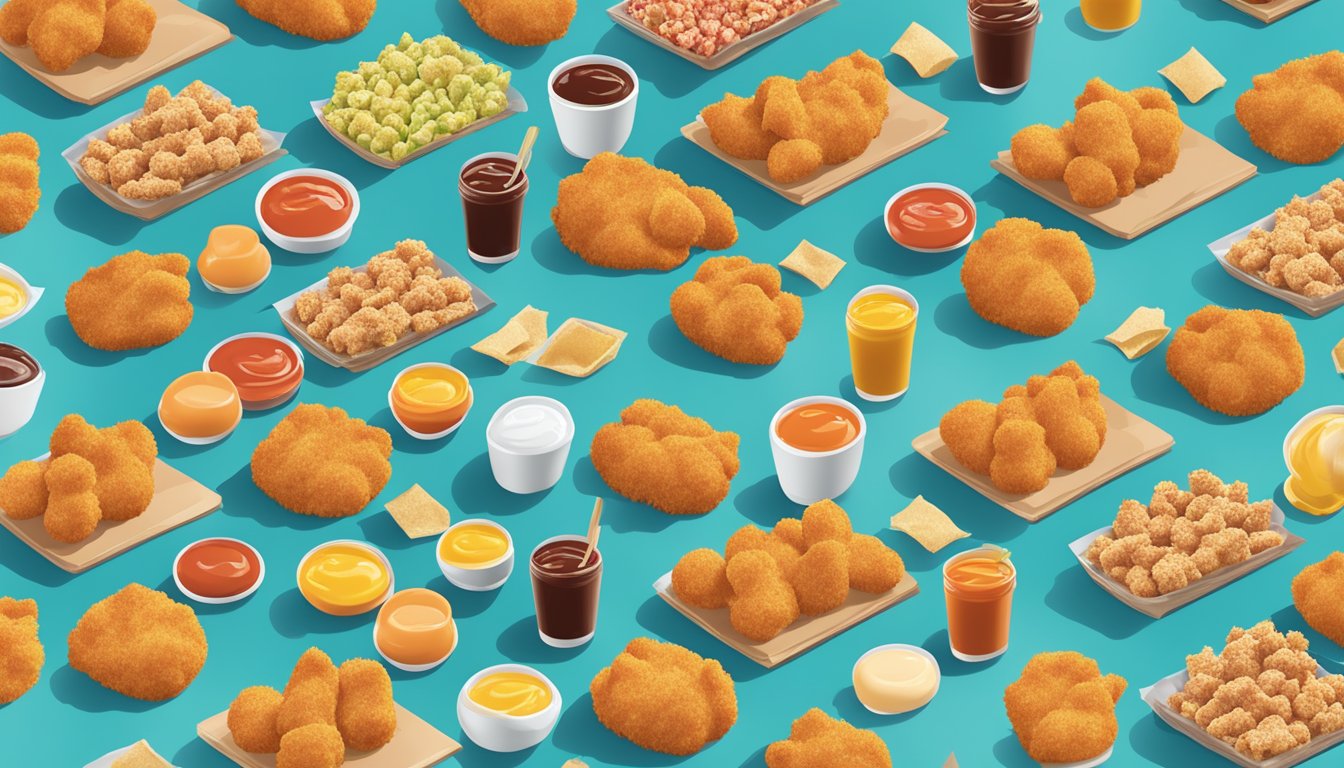 A table filled with various chicken nugget brands in colorful packaging, surrounded by dipping sauces and scattered crumbs