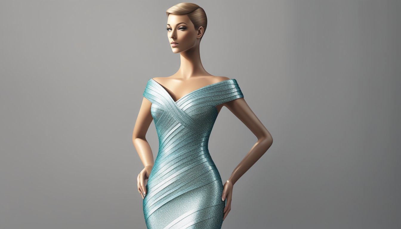 A spotlight shines on a shimmering bandage dress on a sleek mannequin. The dress hugs the curves of the form, exuding confidence and glamour