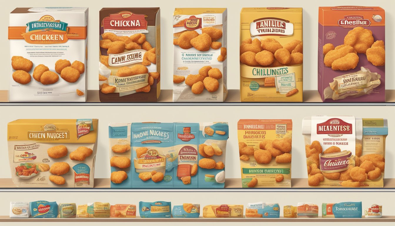 A timeline of chicken nuggets from 1950s to present, showcasing popular brands and packaging evolution