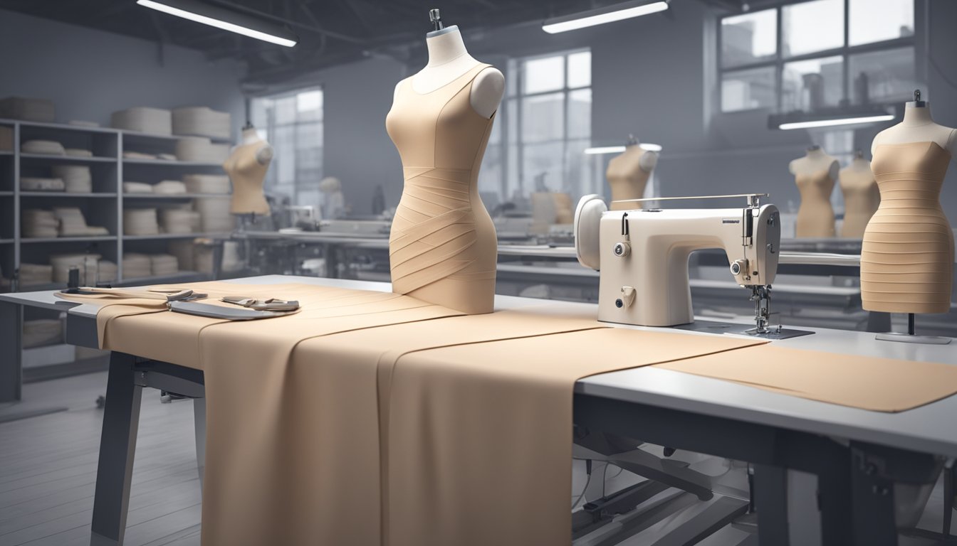 A sleek bandage dress being meticulously crafted by skilled hands. Mannequin displays finished designs in a modern studio with industrial sewing machines