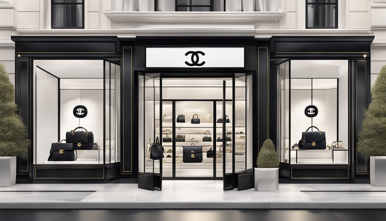 A luxurious Chanel store with iconic double C logo, elegant display of designer handbags, and classic black and white color scheme