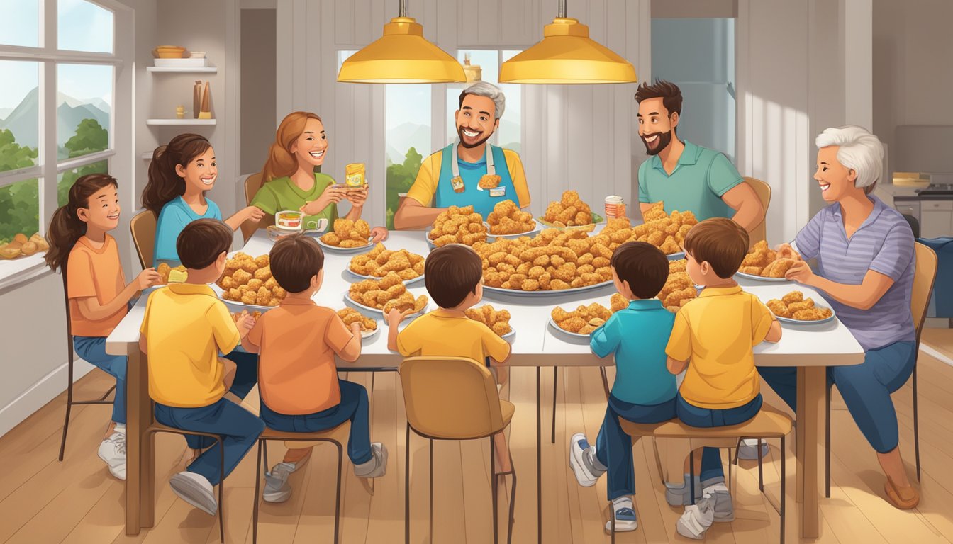 A table with various packages of top chicken nugget brands displayed, surrounded by happy families enjoying the crispy, golden nuggets