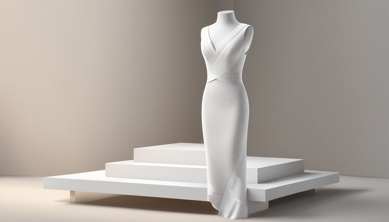A sleek bandage dress brand displayed on a minimalist white platform with soft, indirect lighting highlighting the intricate details and luxurious fabric