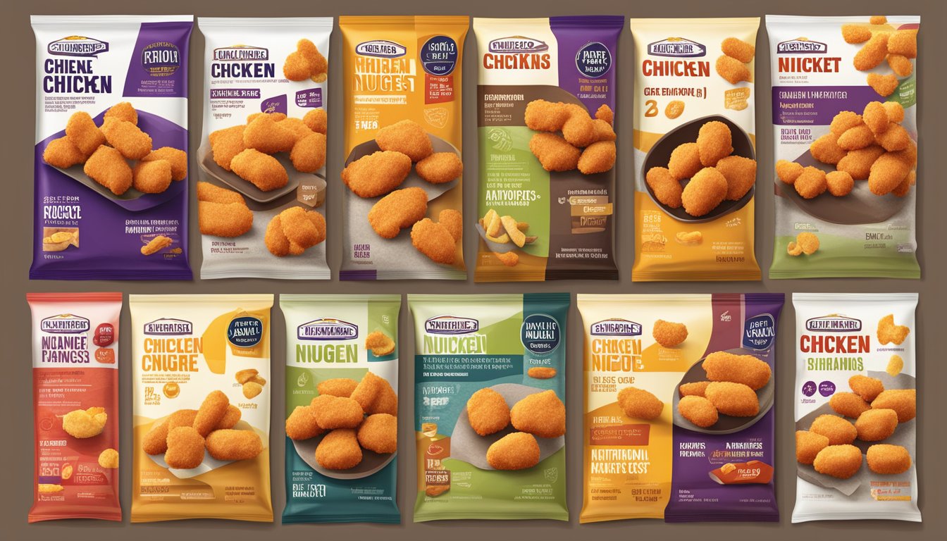Various chicken nugget brands displayed with nutritional labels and health warnings