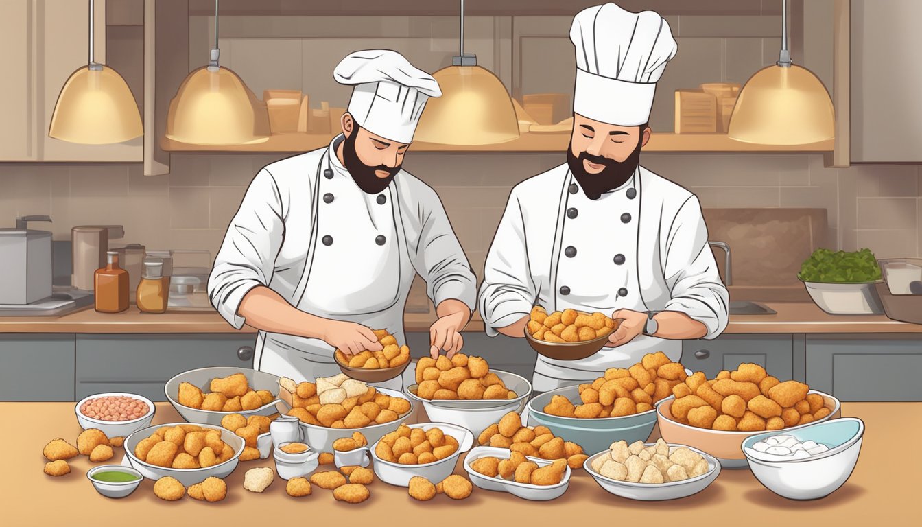 A chef pours a variety of chicken nugget brands into a bowl, ready for cooking and preparation. Ingredients and utensils are neatly arranged on the counter