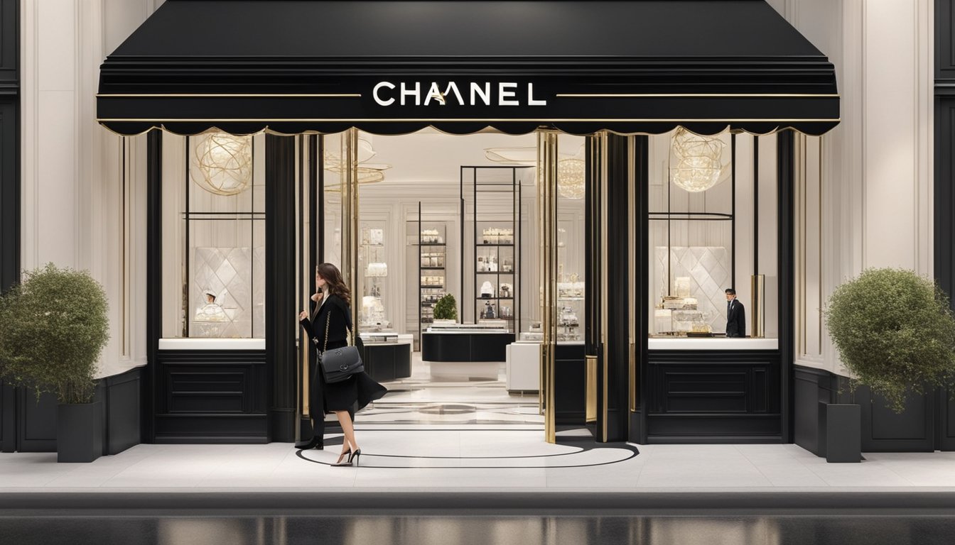 The Chanel logo is prominently displayed on a sleek, modern storefront, surrounded by elegant and sophisticated designs. The iconic double-C logo is featured prominently, exuding luxury and innovation