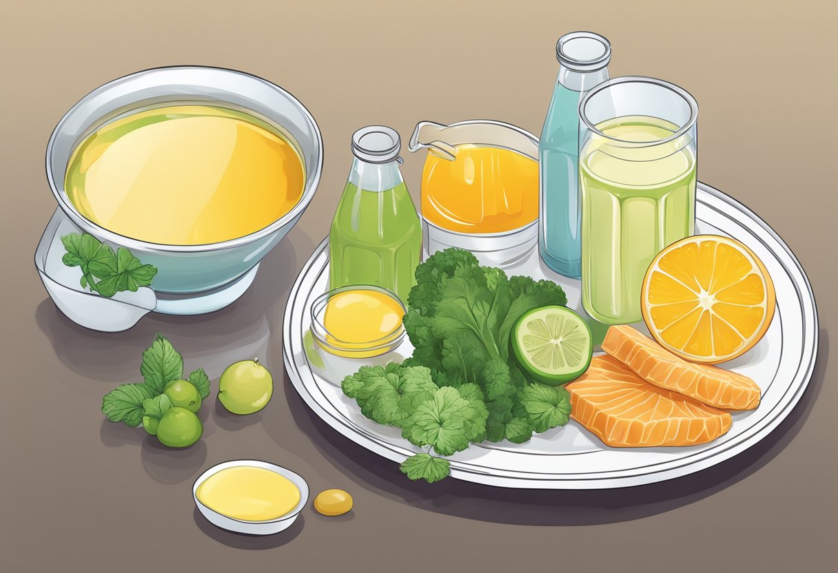 A clear liquid diet with protein sources like broth, gelatin, and clear juice. No solid foods or opaque liquids allowed