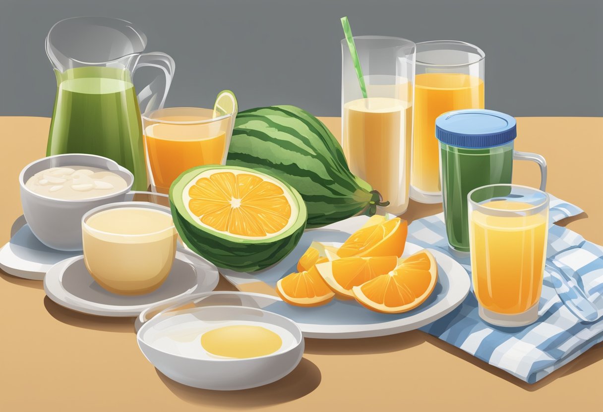Various protein sources such as clear broth, fruit juices, and gelatin are arranged on a table. A clear liquid diet guide is open nearby