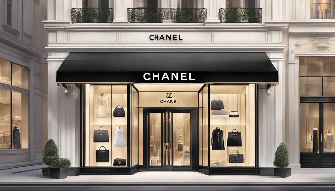 A sleek Chanel storefront with iconic double C logo, surrounded by elegant window displays showcasing luxury handbags and accessories
