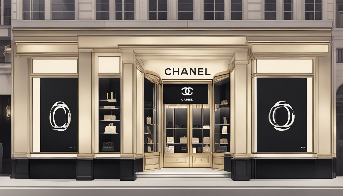 A luxurious Chanel store with iconic double-C logo, elegant displays, and chic packaging