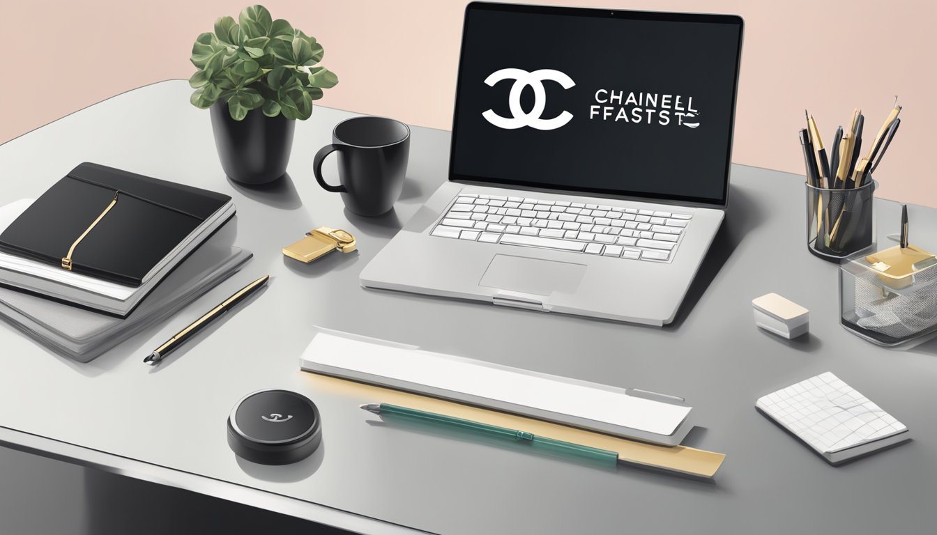 A clean, modern desk with a laptop, notebook, and pen. A logo of Chanel prominently displayed. Text of "Frequently Asked Questions Chanel Brand Facts" on the screen