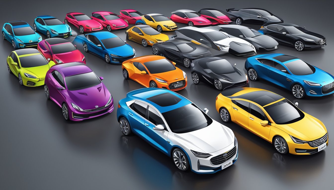 Various Chinese car models lined up, showcasing their unique features. Bright colors and sleek designs catch the eye. Brand logos prominently displayed