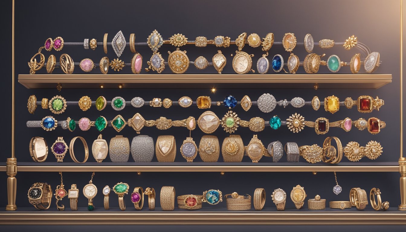 Various charm bracelet brands displayed on a velvet-lined shelf, glinting under soft lighting in a boutique setting