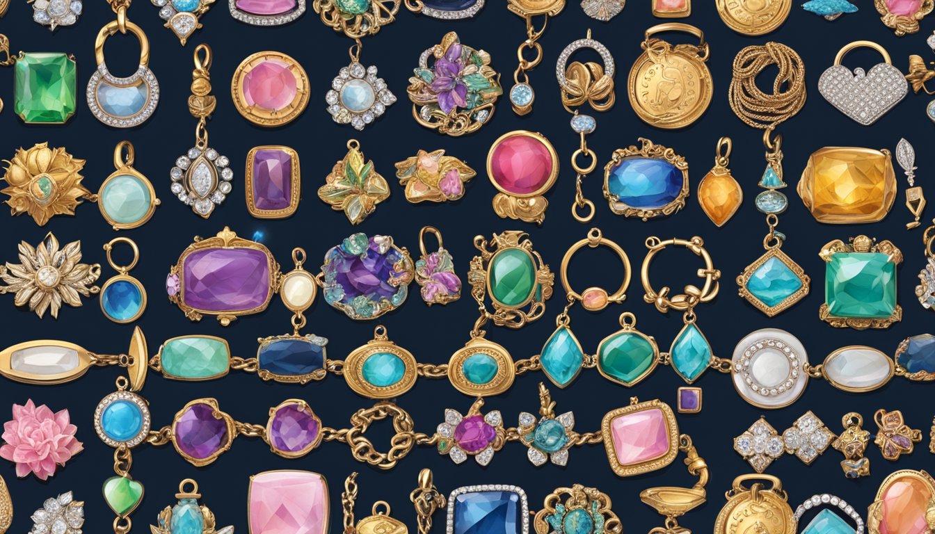 A collection of iconic charm bracelets displayed on a velvet-lined tray, each adorned with unique charms representing different brands