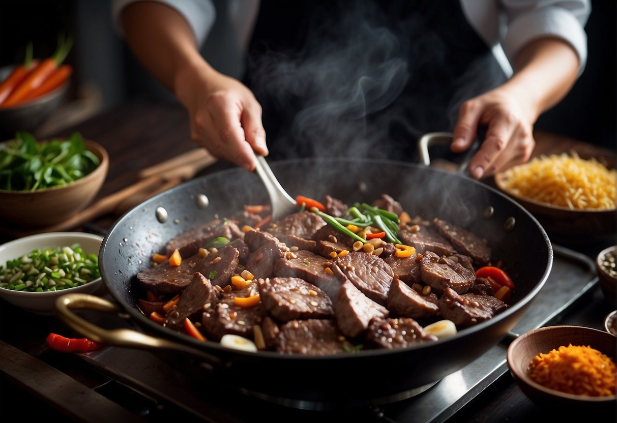 A chef stir-frying venison with ginger, garlic, and soy sauce in a sizzling wok, surrounded by traditional Chinese spices and ingredients