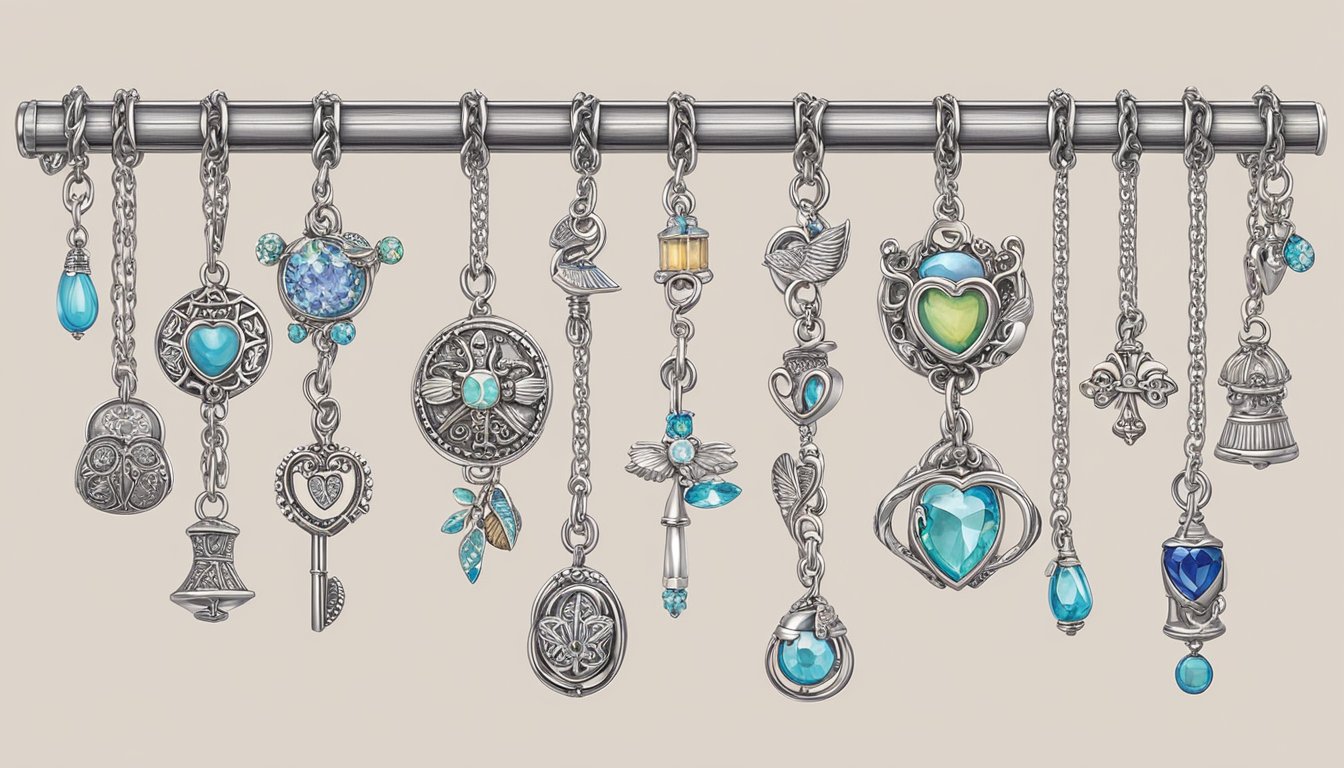 A charm bracelet dangles from a jewelry stand, adorned with various symbolic charms representing love, luck, and memories. The soft glow of the charms reflects the sentimental value they hold for the wearer