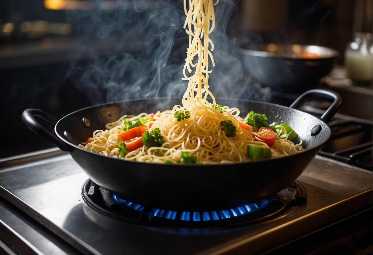 Vermicelli noodles being stir-fried with vegetables and seasonings in a wok over a high flame