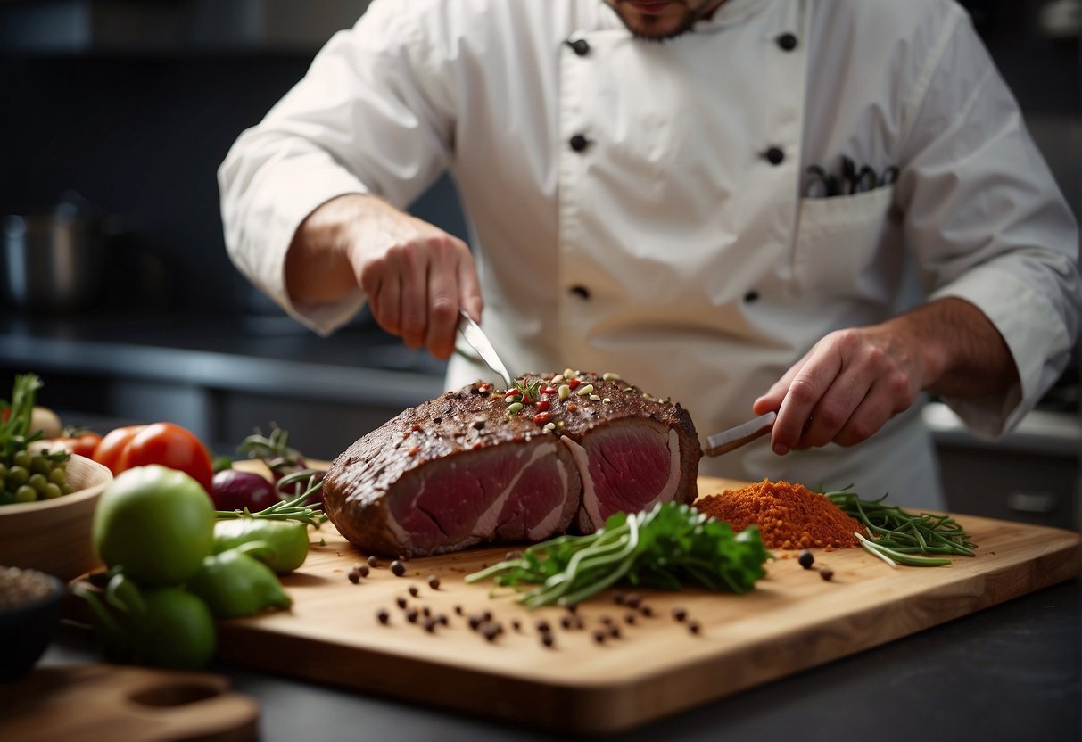 A chef prepares a venison dish with Chinese spices in a bustling kitchen. Ingredients surround the cutting board as the chef slices the meat with precision