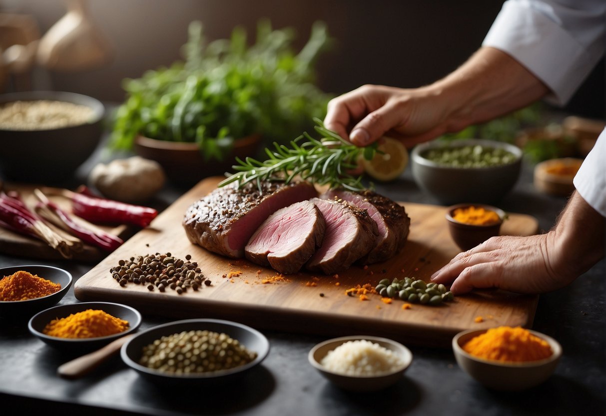 An array of fresh spices and herbs surround a marinated venison cut, while a chef skillfully slices and prepares the meat for a traditional Chinese recipe