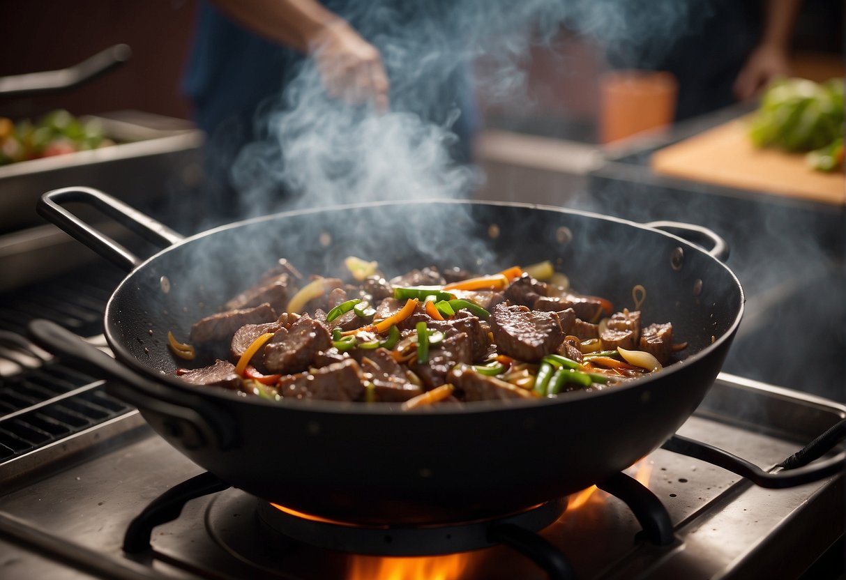A wok sizzles with marinated venison, stir-fried with ginger, garlic, and soy sauce. Steam rises as the meat caramelizes, creating a savory aroma