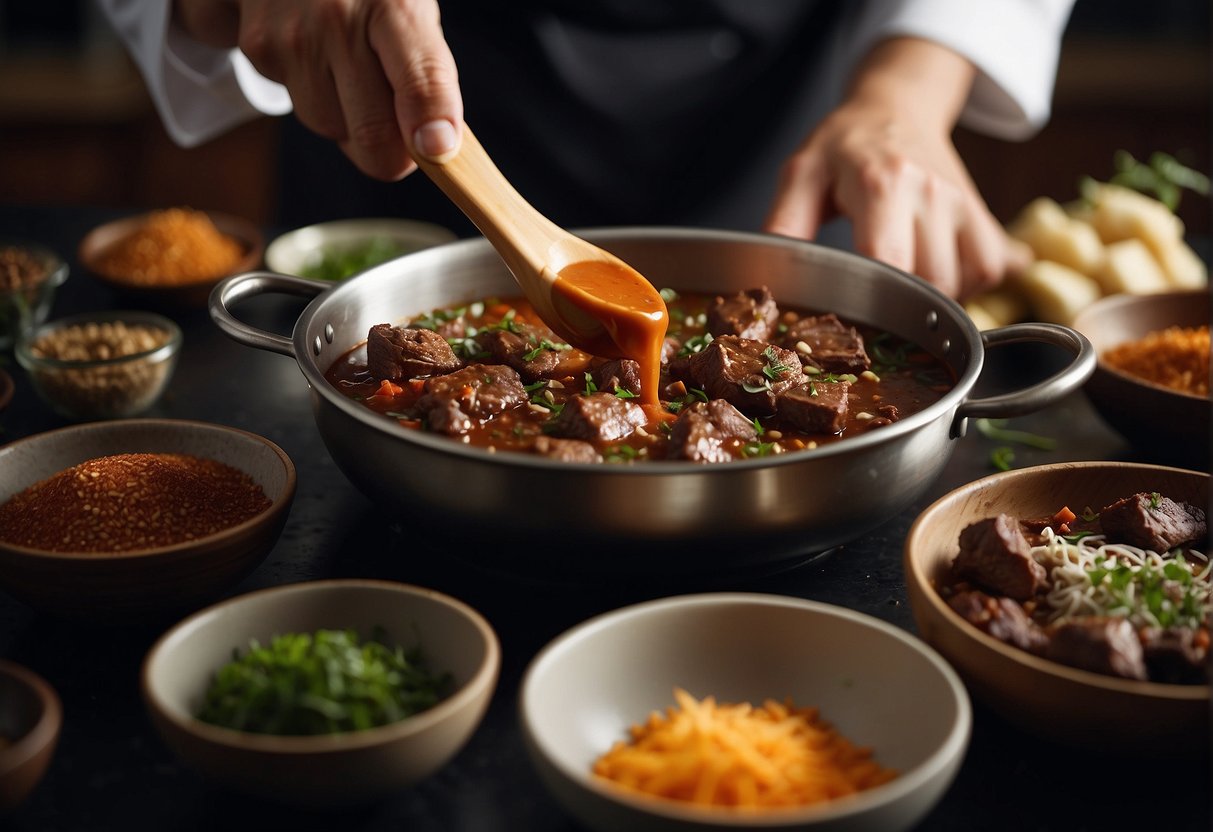 A chef pours a rich, savory sauce over tender chunks of venison, surrounded by bowls of aromatic spices and herbs