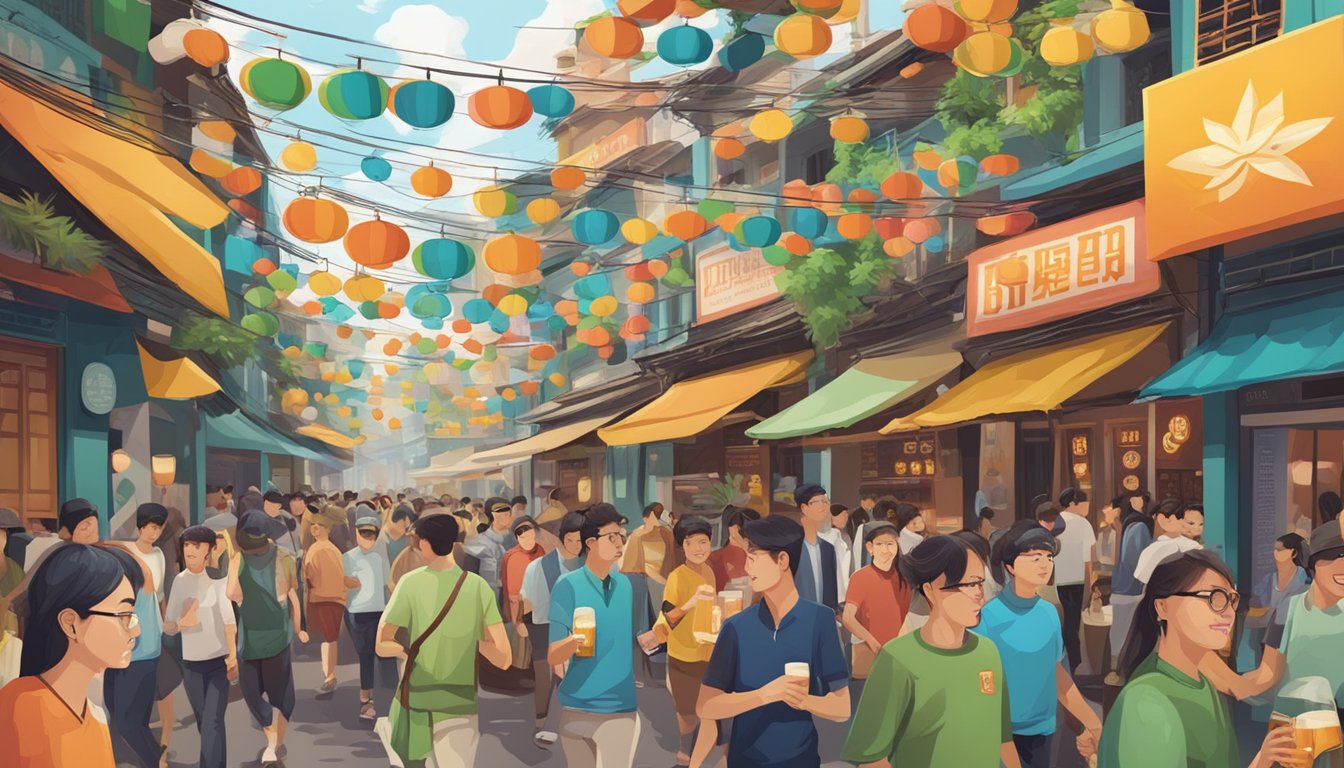 A crowded Vietnamese street lined with colorful craft beer brand signs and bustling beer bars