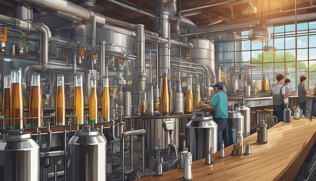 Machinery fills bottles with freshly brewed beer at a modern brewery, while a bustling bar showcases a variety of Vietnamese beer brands
