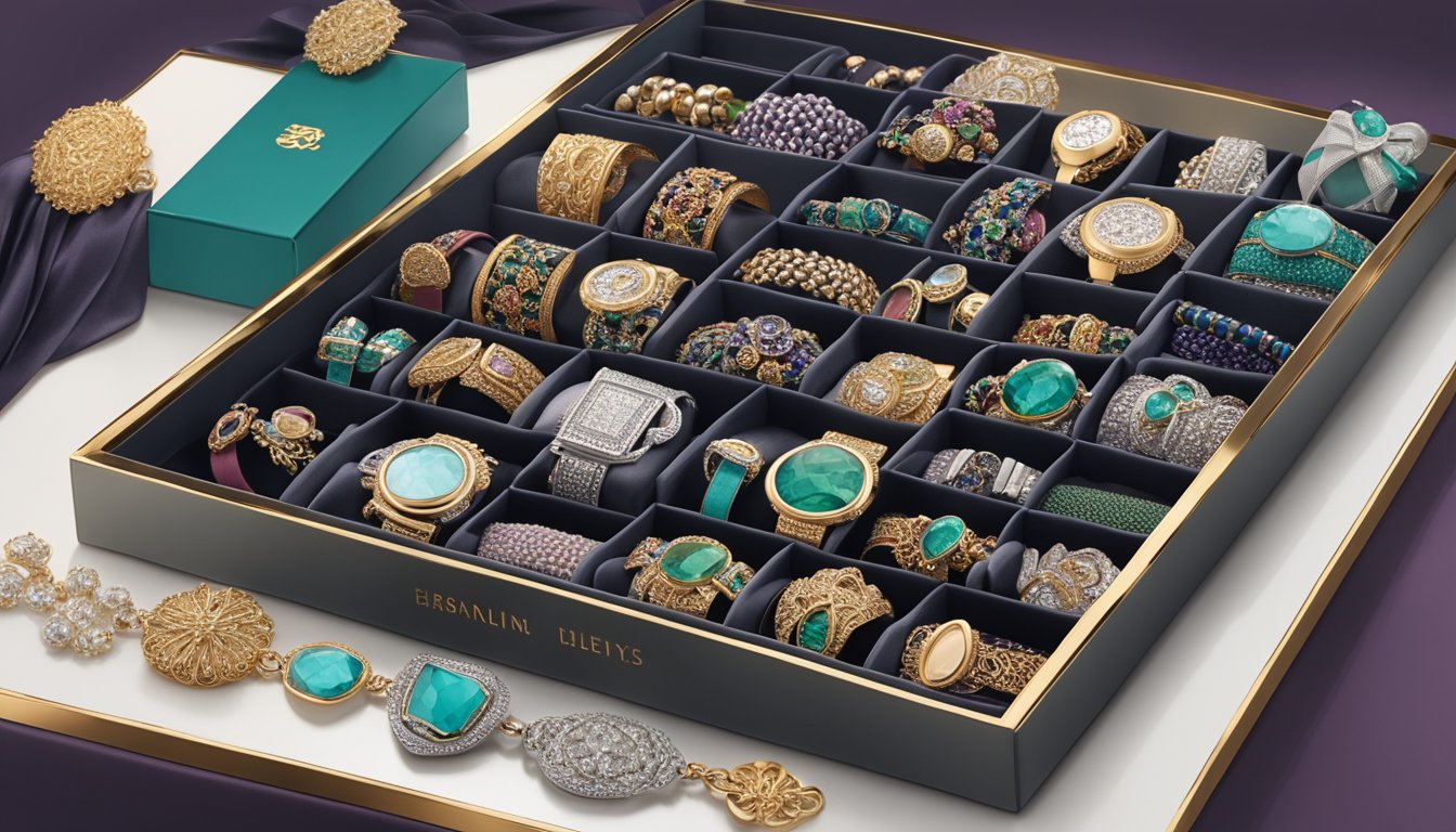 A display of popular charm bracelet brands arranged on a velvet-lined tray, with elegant packaging and intricate designs