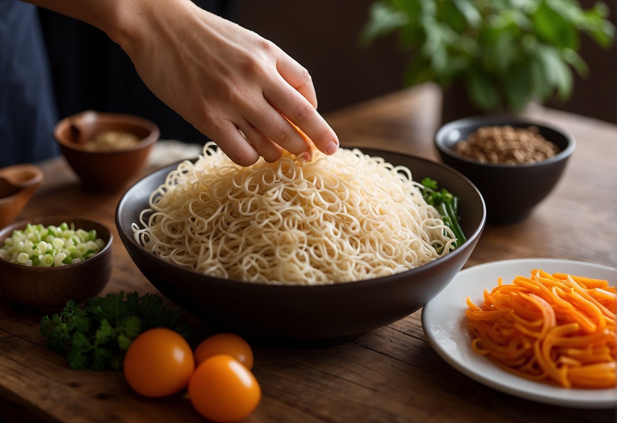 A hand reaches for a bundle of Chinese vermicelli noodles, a bowl of sliced vegetables, and a bottle of soy sauce on a wooden countertop