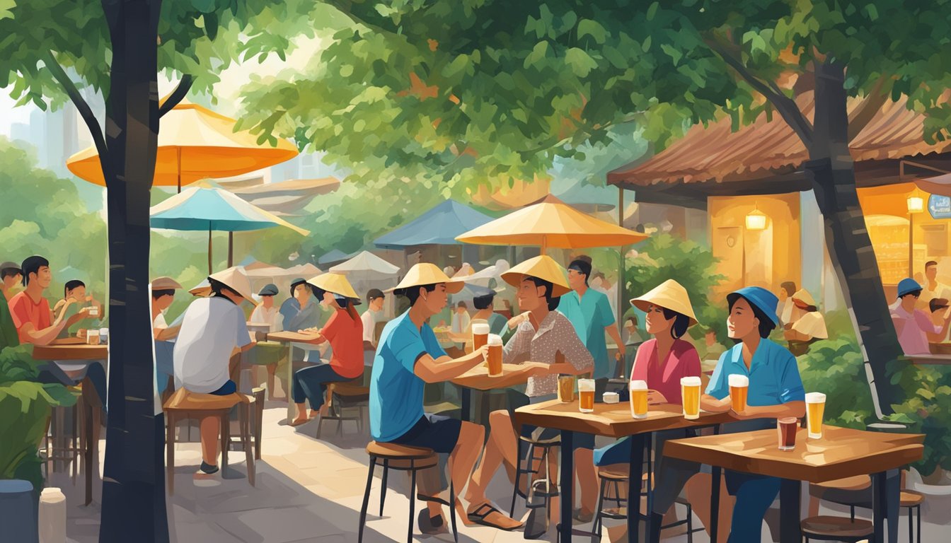 People in Vietnam enjoying beer at outdoor cafes, traditional hats and clothing, surrounded by lush greenery and vibrant street scenes