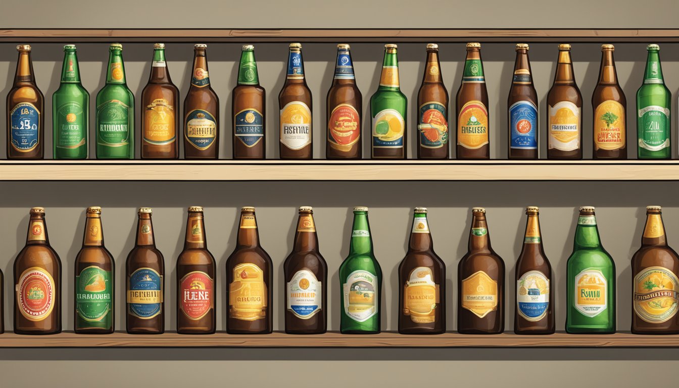 A row of Vietnamese beer bottles with "Frequently Asked Questions" labels displayed on a shelf