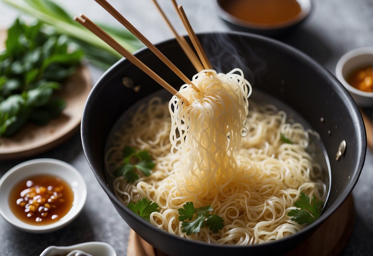 A pot of boiling water, a bundle of vermicelli noodles being submerged, and a pair of chopsticks gently stirring the noodles