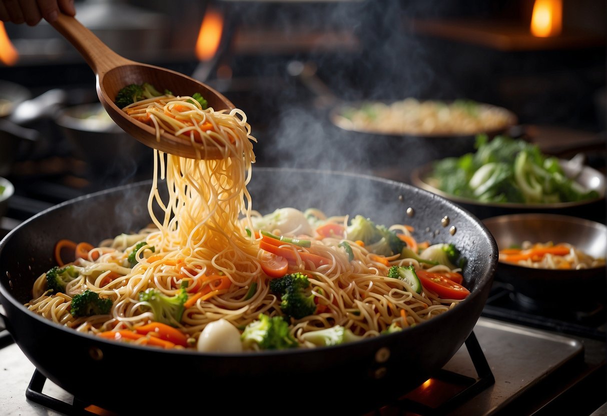 A wok sizzles with oil, as Chinese vermicelli noodles are stir-fried with vegetables and seasonings, creating a savory aroma