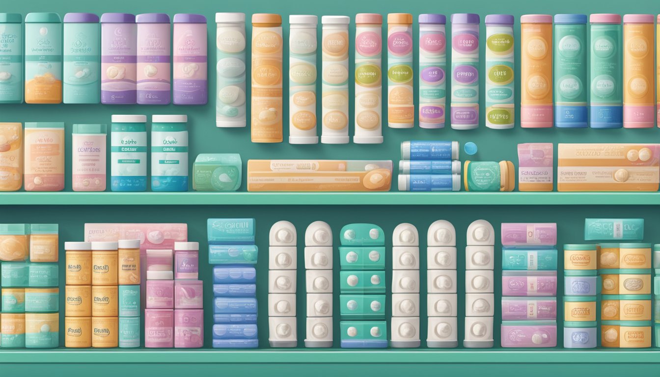Various contraceptive pill brands arranged in a neat row on a pharmacy shelf
