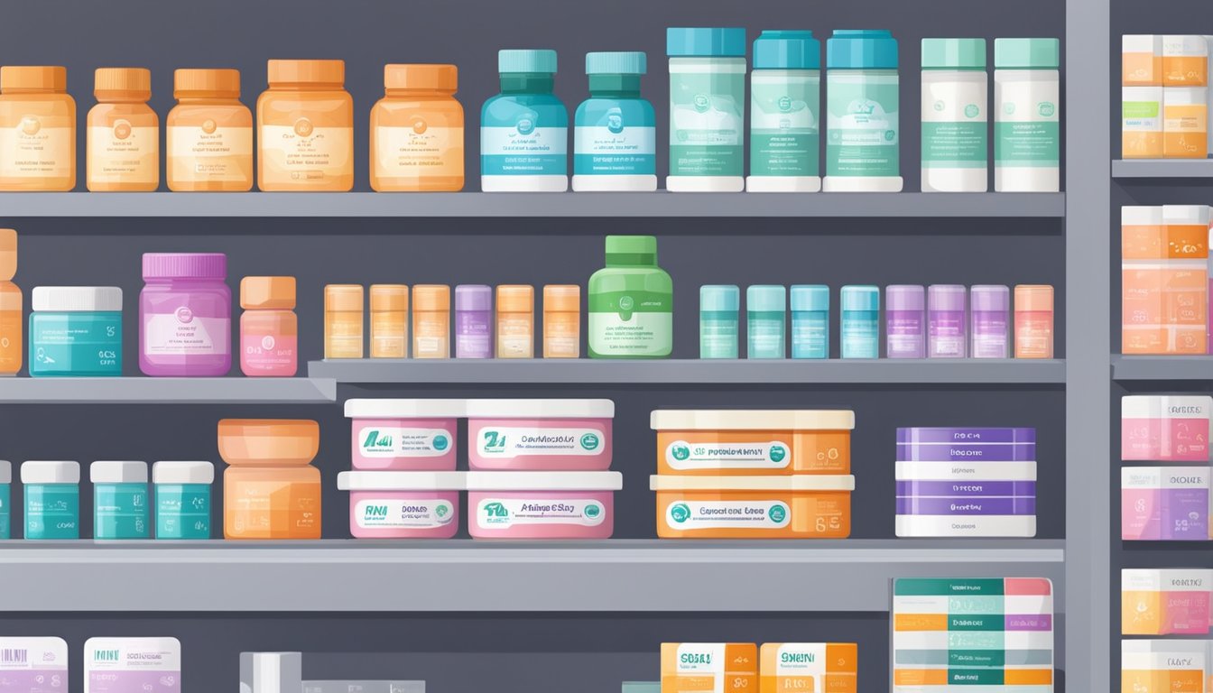 Various contraceptive pill brands displayed on a pharmacy shelf. Boxes of different colors and sizes with clear labels