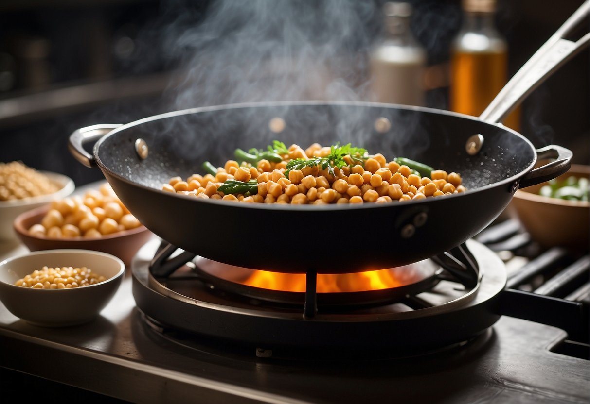 A wok sizzles as chickpeas, garlic, and ginger fry in hot oil. Soy sauce and spices add aroma to the bubbling mixture