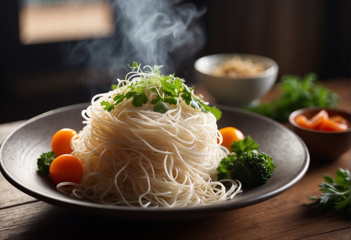 A steaming bowl of Chinese vermicelli noodles sits on a wooden table, garnished with fresh vegetables and herbs, ready to be served