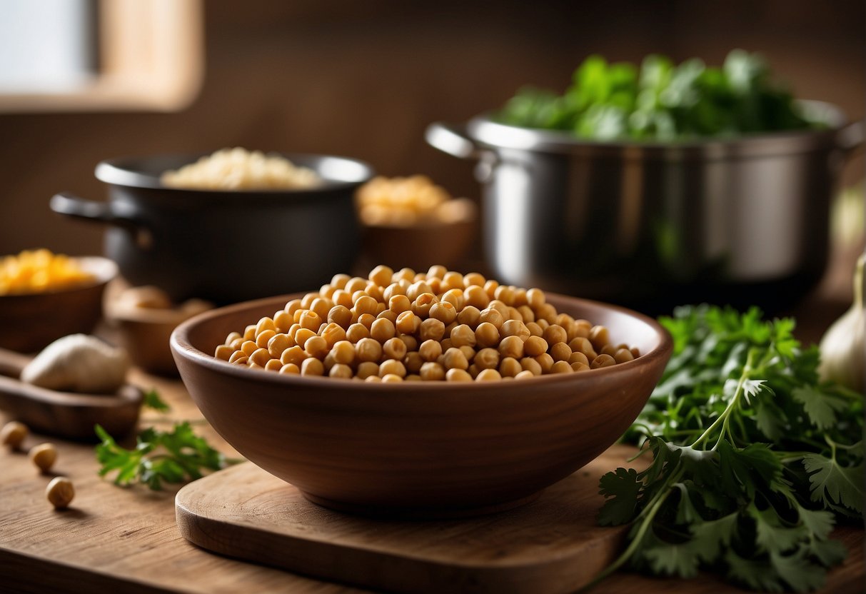 A bowl of chickpeas sits on a wooden table next to a pile of fresh cilantro, ginger, and garlic. A wok sizzles on the stove, ready to cook a traditional Chinese chickpea recipe