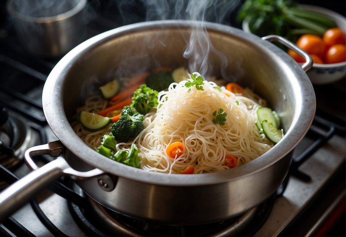 A steaming pot of Chinese vermicelli noodles cooks on a stove, surrounded by fresh vegetables and seasonings