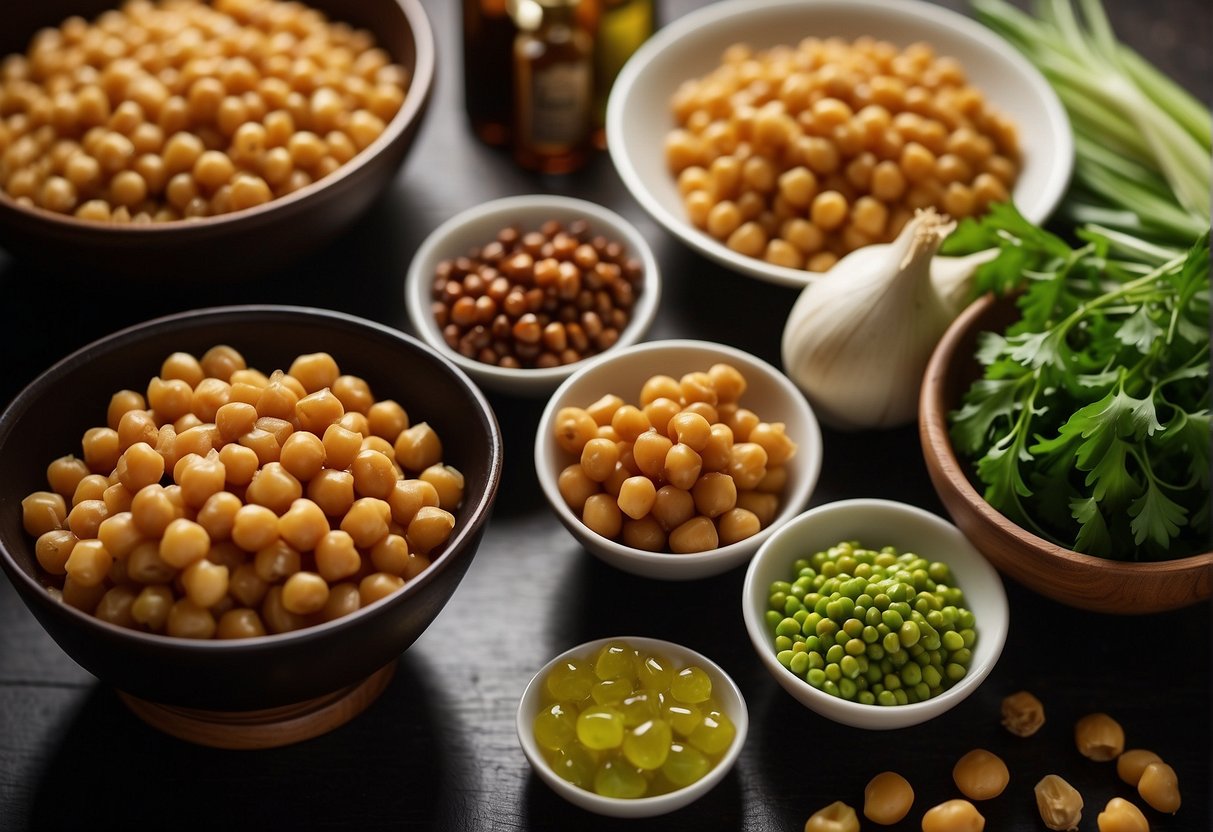 A table with a variety of Chinese chickpea recipe ingredients: chickpeas, soy sauce, ginger, garlic, green onions, and sesame oil