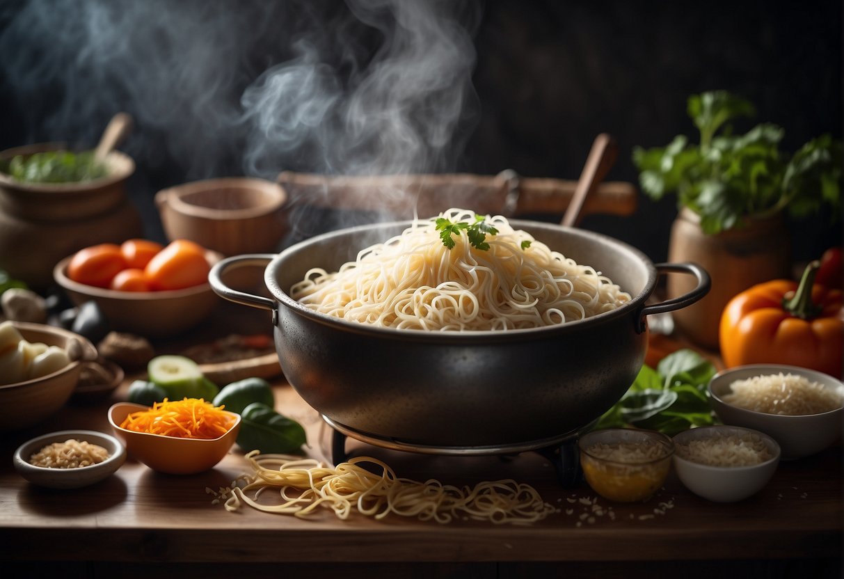 A steaming pot of vermicelli noodles surrounded by various ingredients and cooking utensils on a kitchen counter