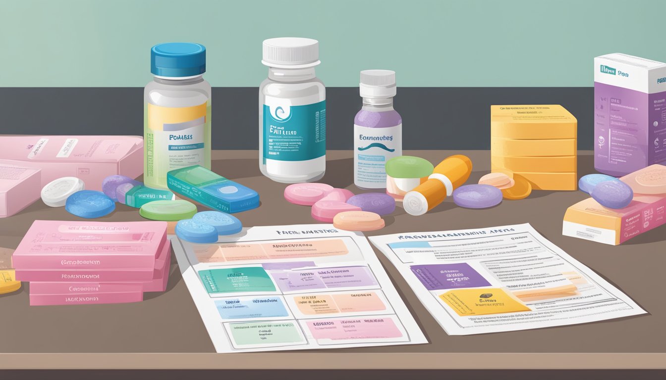 A table with various contraceptive pill brands, accompanied by warning labels and informational brochures
